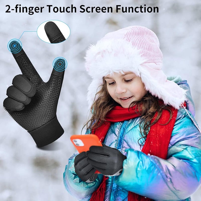 OOPOR Kid Winter Gloves with Grip - Boy Girl Wram Thermal Ski Touch Screen Bike Mittens Black 6-12 Year - Image 2